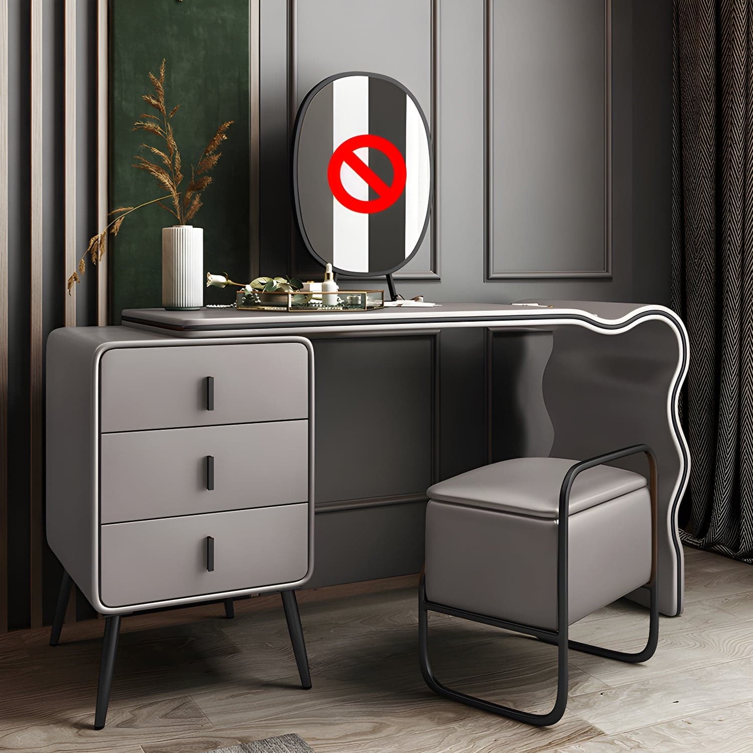 3 Drawers Make-up Vanity Set, 28.74" H Leather Vanity with Stool & Mirror thumbnail 4