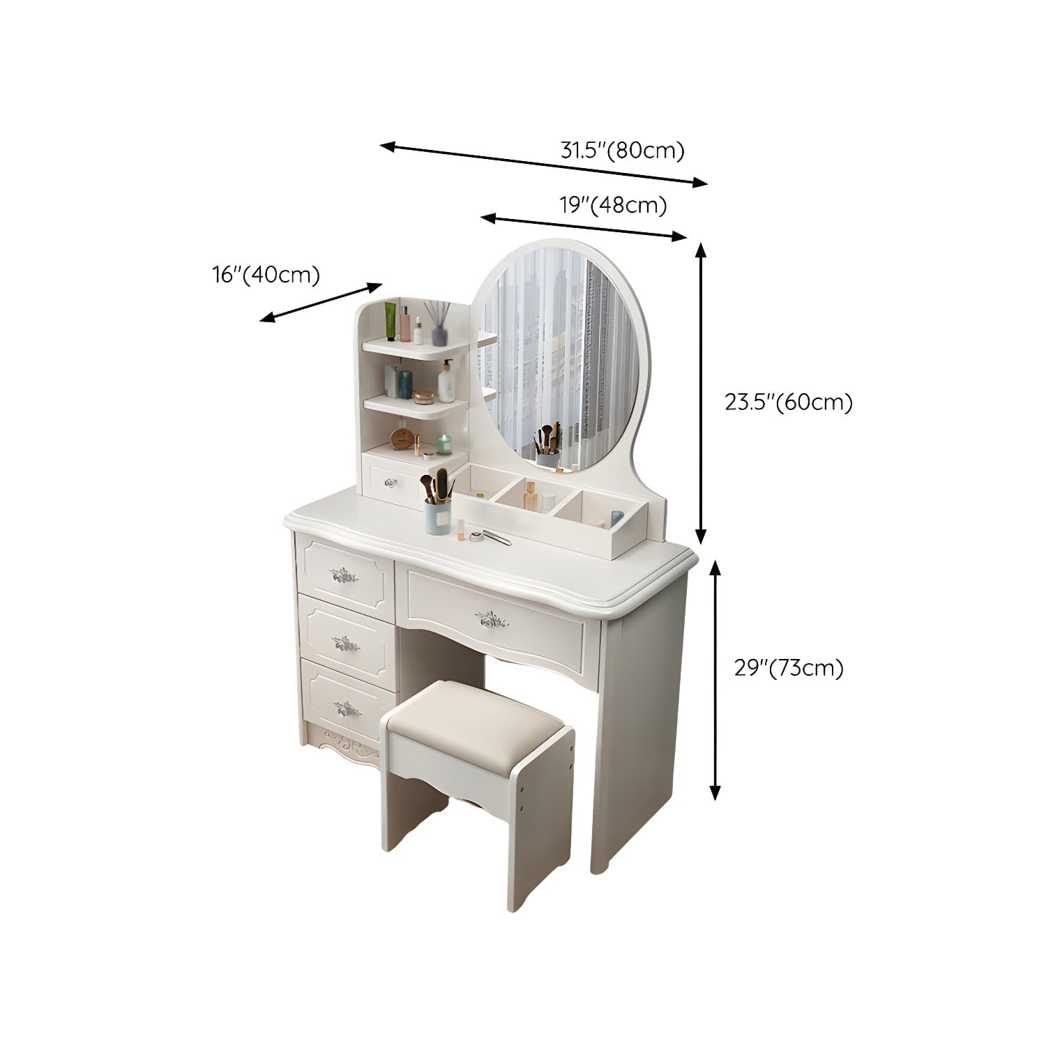 Modern White Wood Makeup Vanity with Seating & Standing Mirror thumbnail 13