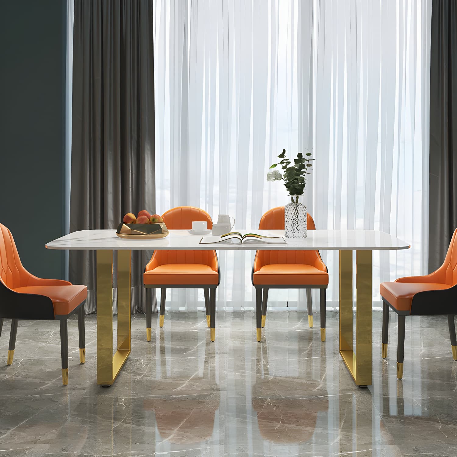 Marble Top Dining Table Modern Rectangle Dining Table with Sled Base thumbnail 9