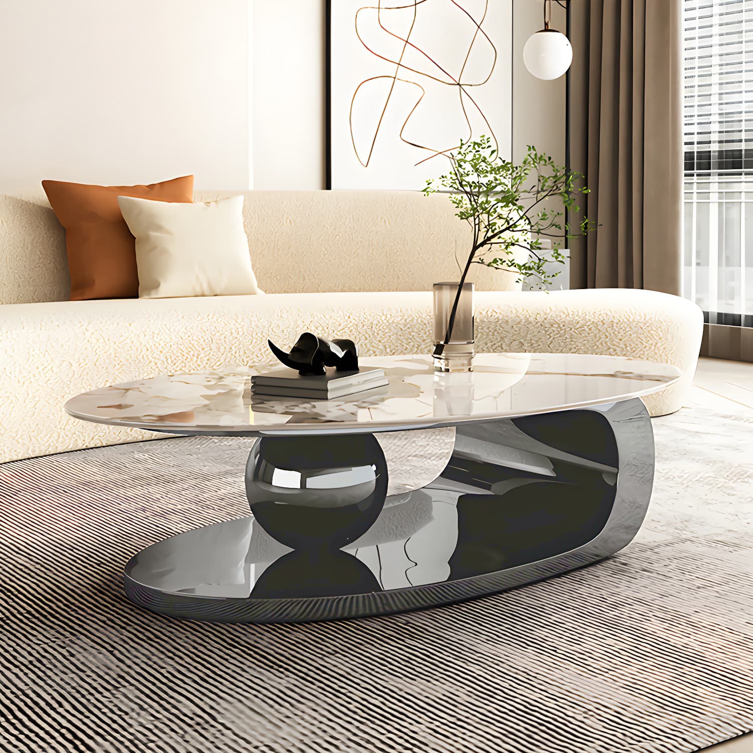 Oval Coffee Table with Stainless Steel Base Made of Rock Sheet thumbnail 4
