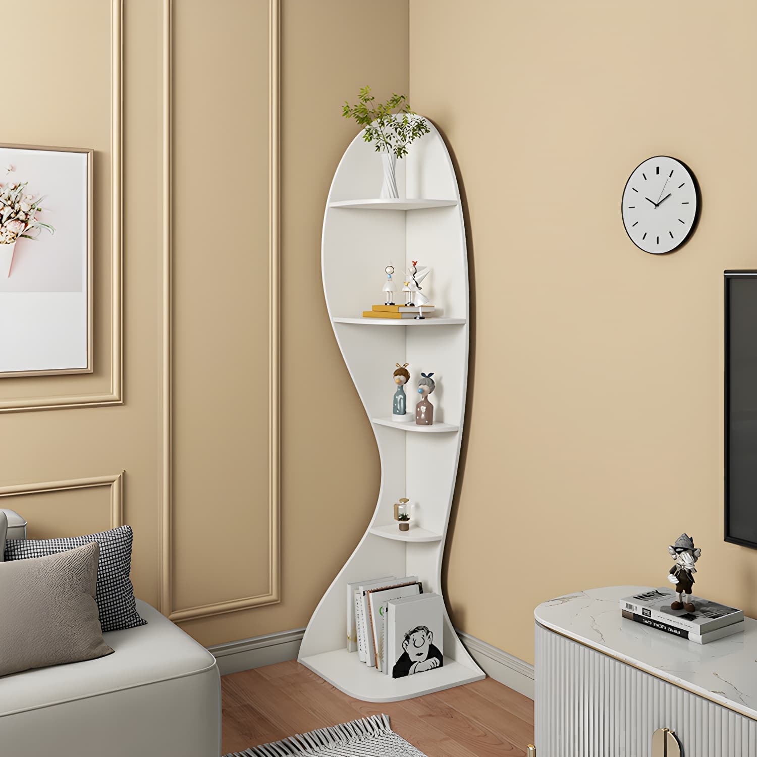 Corner Modern Accent Chest with Wood Counter Top and Open Shelves - 40cm X 40cm X 182cm - 4 Shelves thumbnail 7