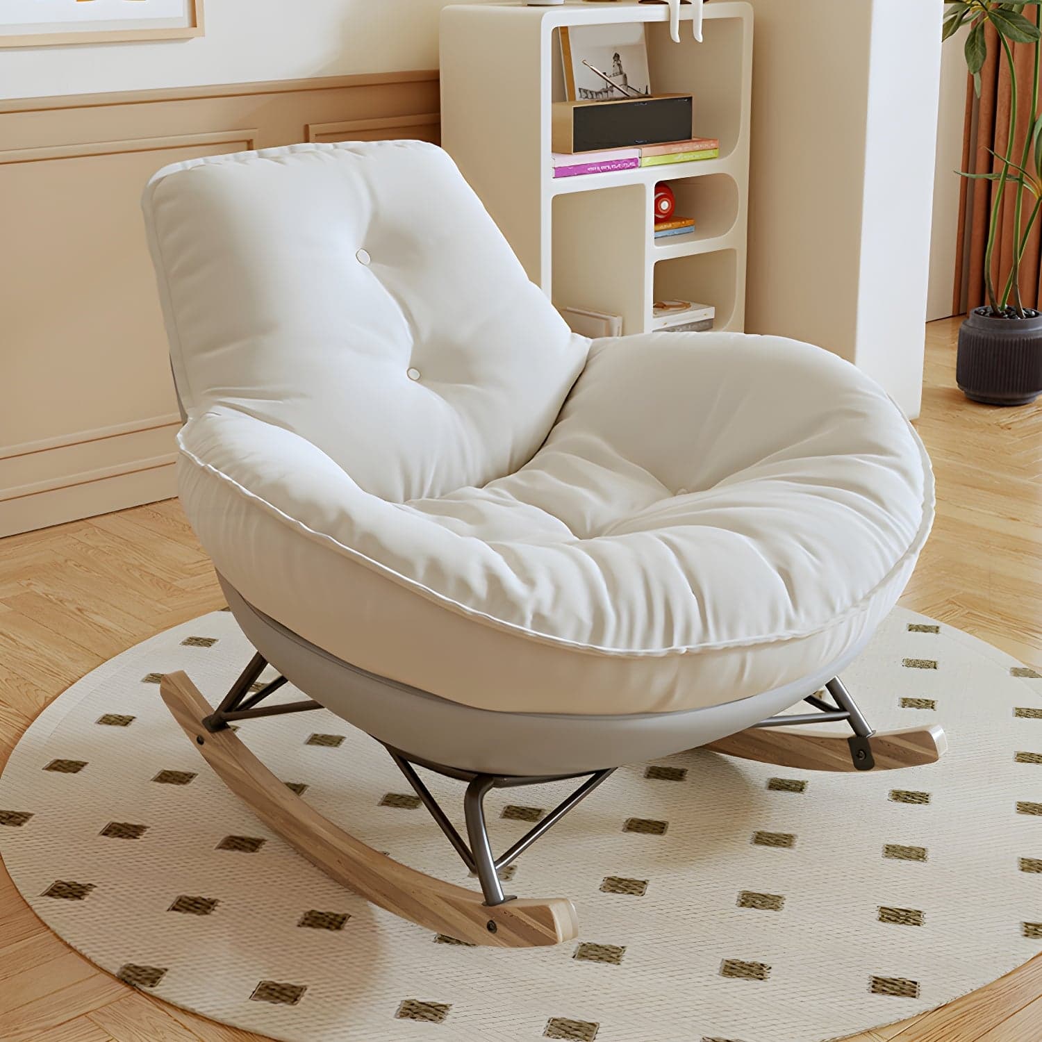 Indoor Contemporary Rocking Chair with Beige Upholstered and Wood Legs thumbnail 3