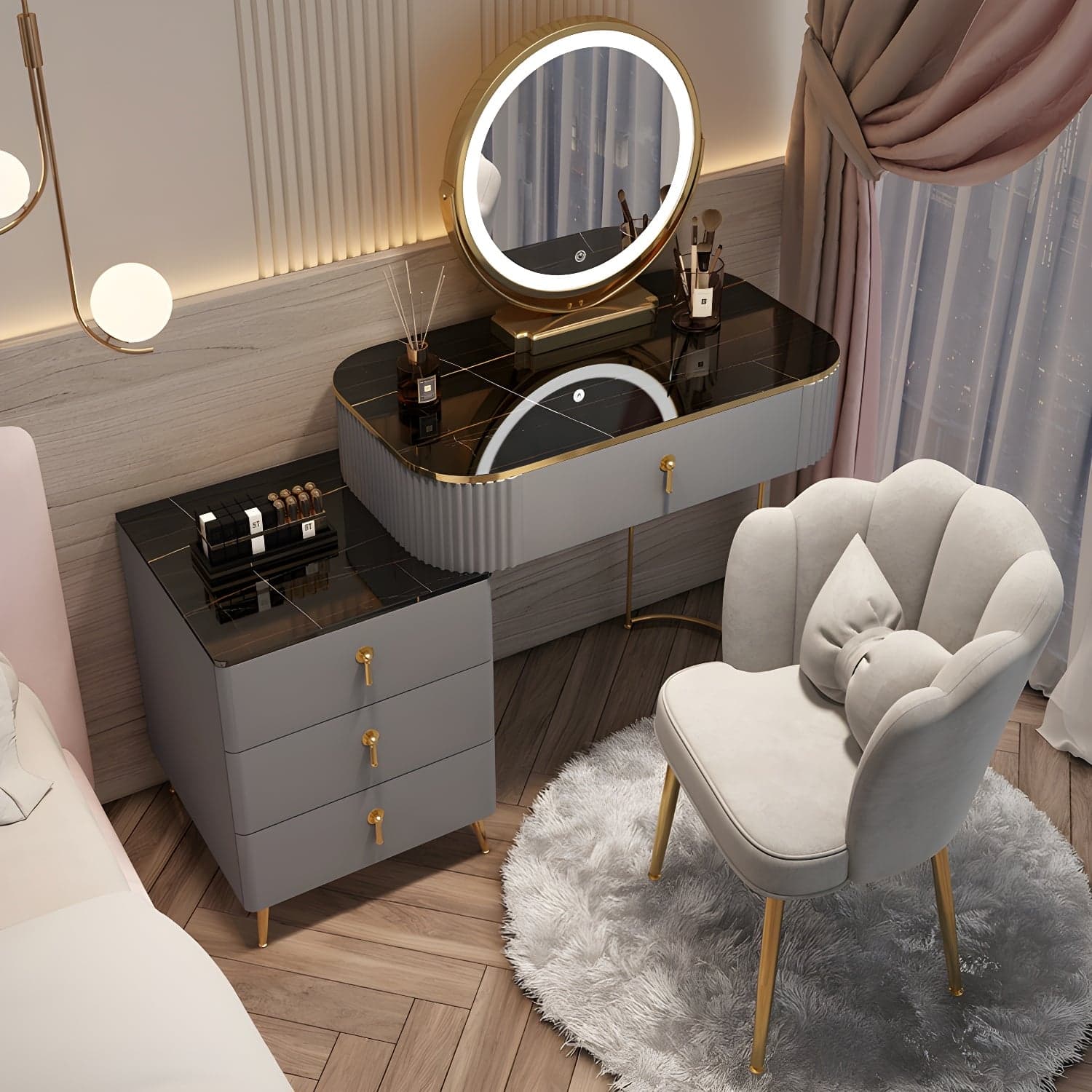Contemporary Mirrored Wood Top Makeup Vanity Desk White/Gray Dressing Table thumbnail 1