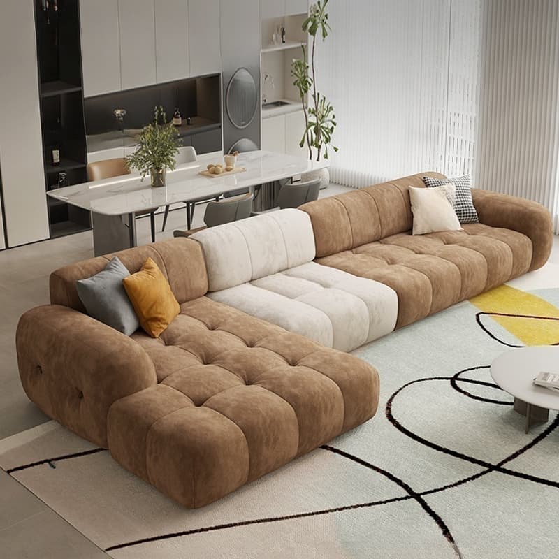 Channel Back L-Shape/Straight Right Hand Facing/Horizontal Sofa Recliner/Sofa Couch in Brown/Beige with Concealed Support & Pine Wood Frame for Living Room thumbnail 3