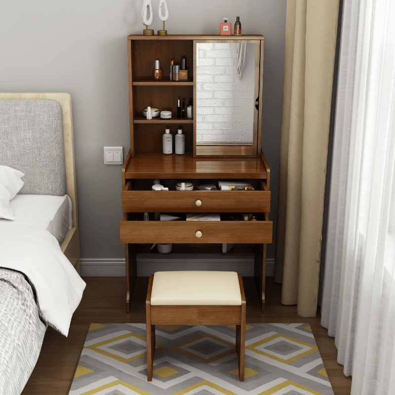Modish Small/Standard Vanity Set with White/Auburn/Natural Color Chair, 1 Drawer/2 Drawers, Rubberwood Frame, and Standing Mirror thumbnail 2