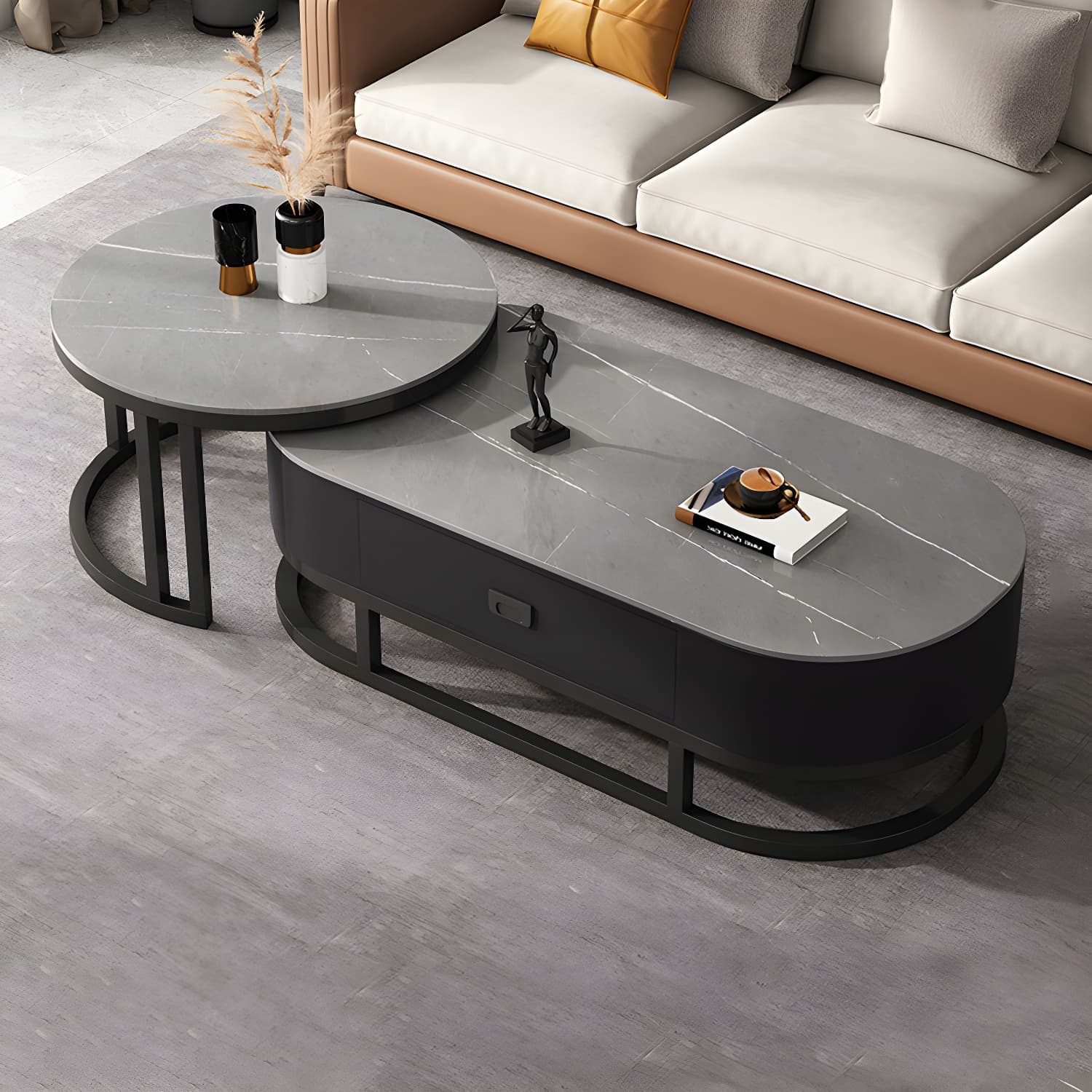 Slate Coffee Table Oval Nesting Coffee Table Set with Metal Legs thumbnail 2