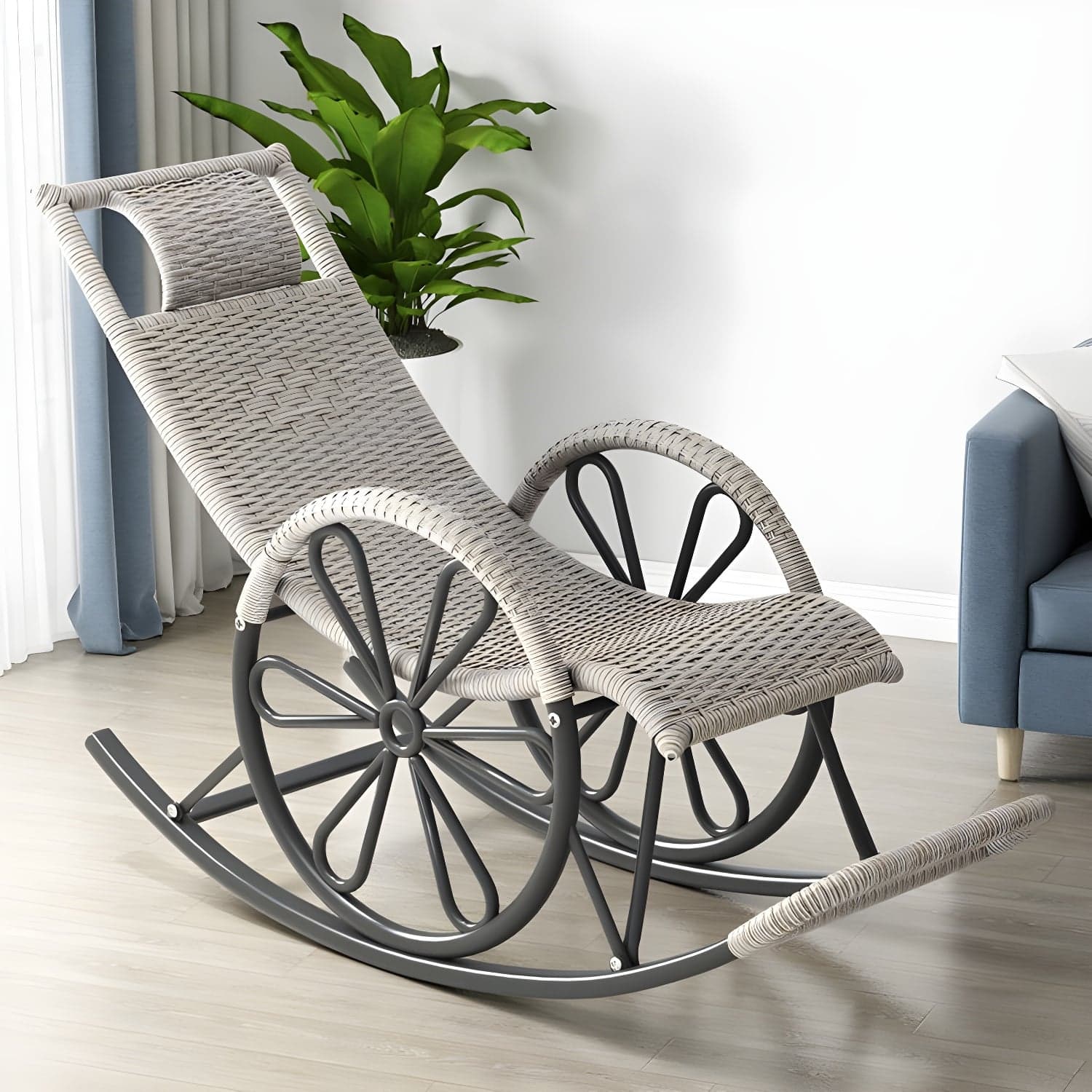 Rattan Modern Rocking Chair Woven Rope Rocker Chair in Black thumbnail 9