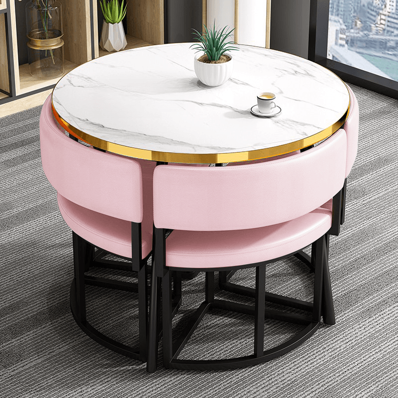 Art Deco Circular-shaped Upholstered Chair Metal & Faux Wood Dining Table Set with Upholstered Back in White, 5 Pieces thumbnail 13
