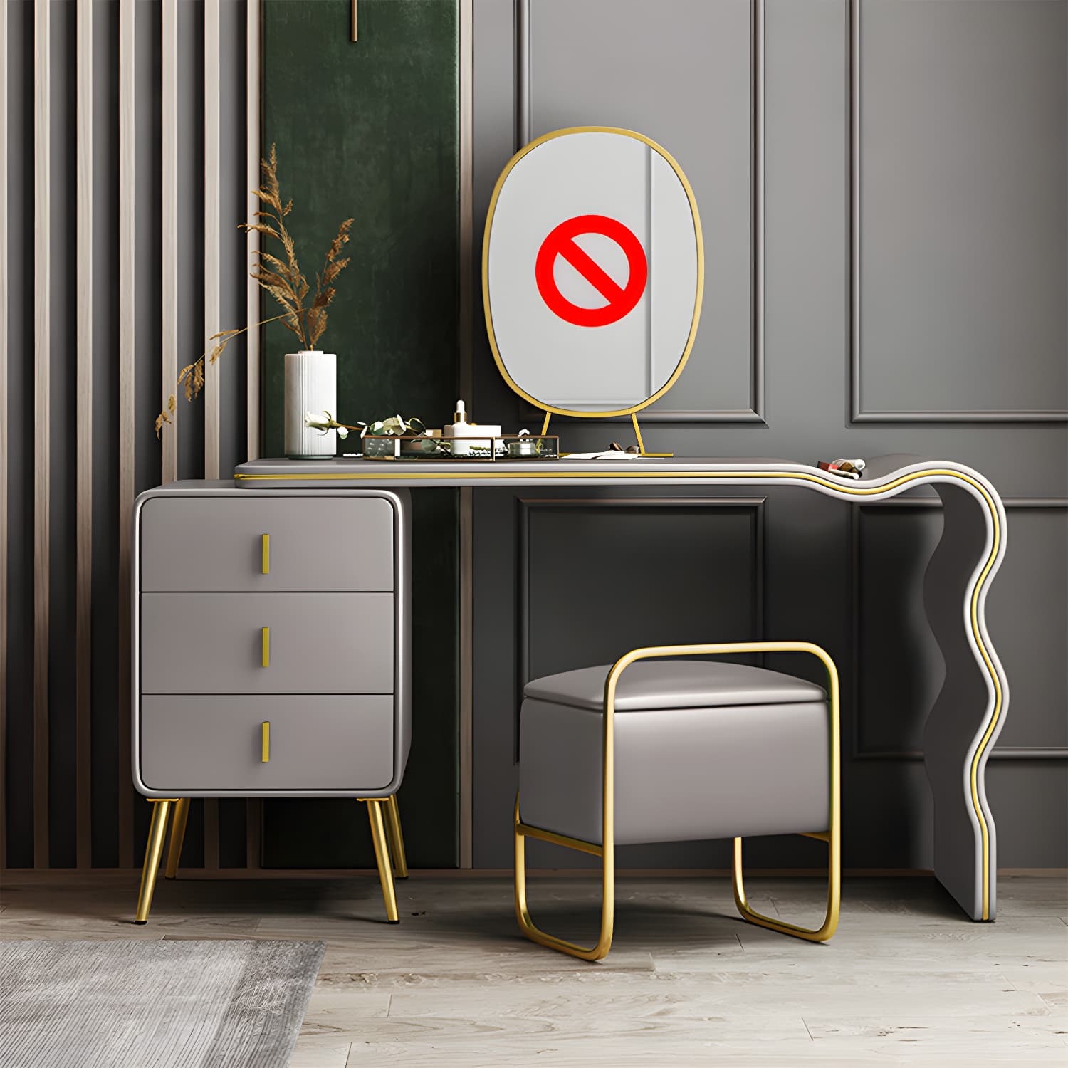 3 Drawers Make-up Vanity Set, 28.74" H Leather Vanity with Stool & Mirror thumbnail 6