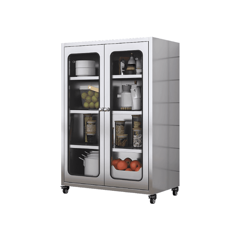 Metallic Sideboard on Roller Wheels with Stainless Steel Countertop