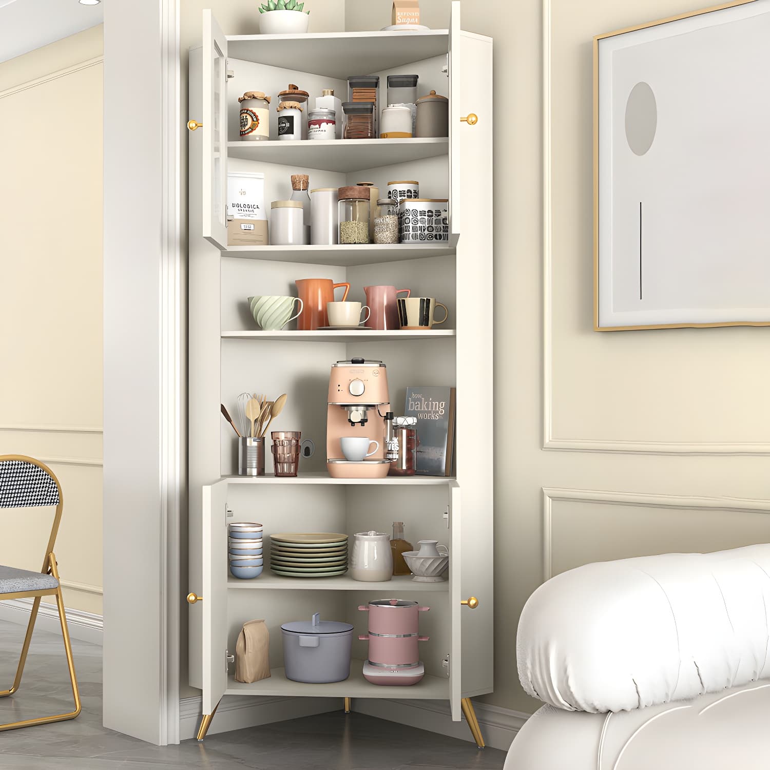 Modern Corner Accent Cabinet with White Wood Countertop, Glass Doors, and Gold Metal Base thumbnail 11
