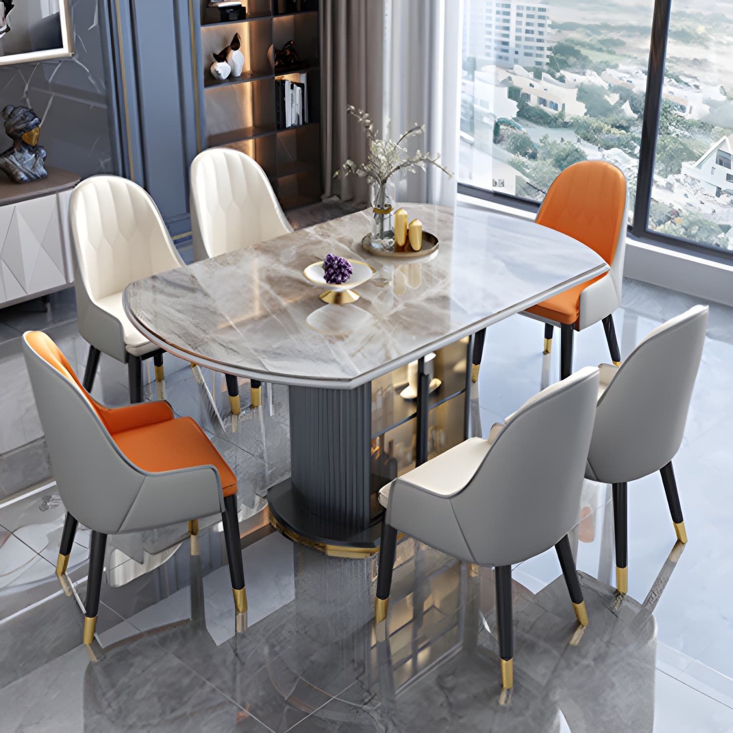 Modern Style Stone Furniture 1/5/7/9/11 Pcs Round Shape Dinette Table with Dining Chair thumbnail 4