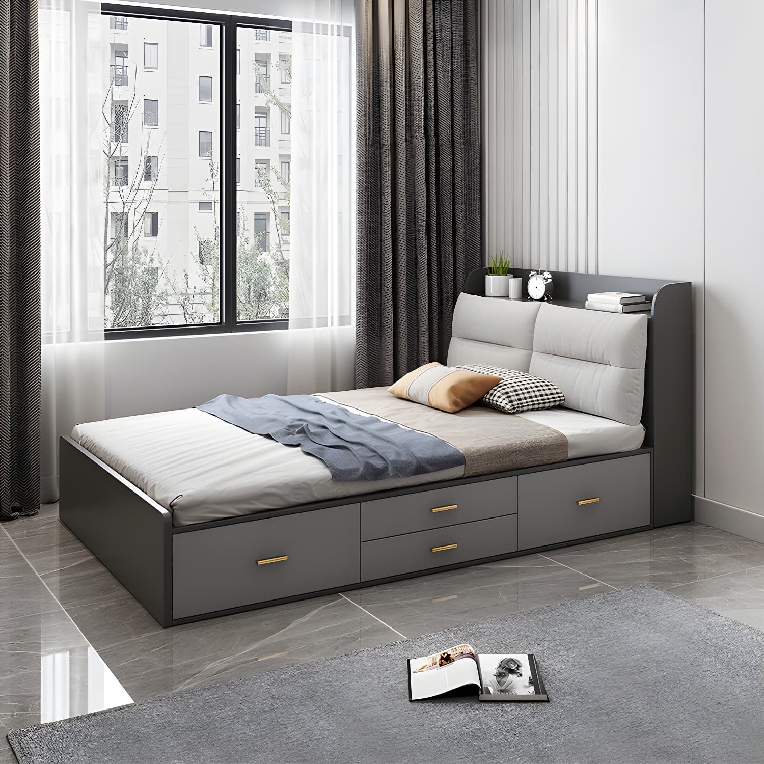 Scandinavian Low Profile Bed with Headboard Upholstered Bed with Drawers thumbnail 17