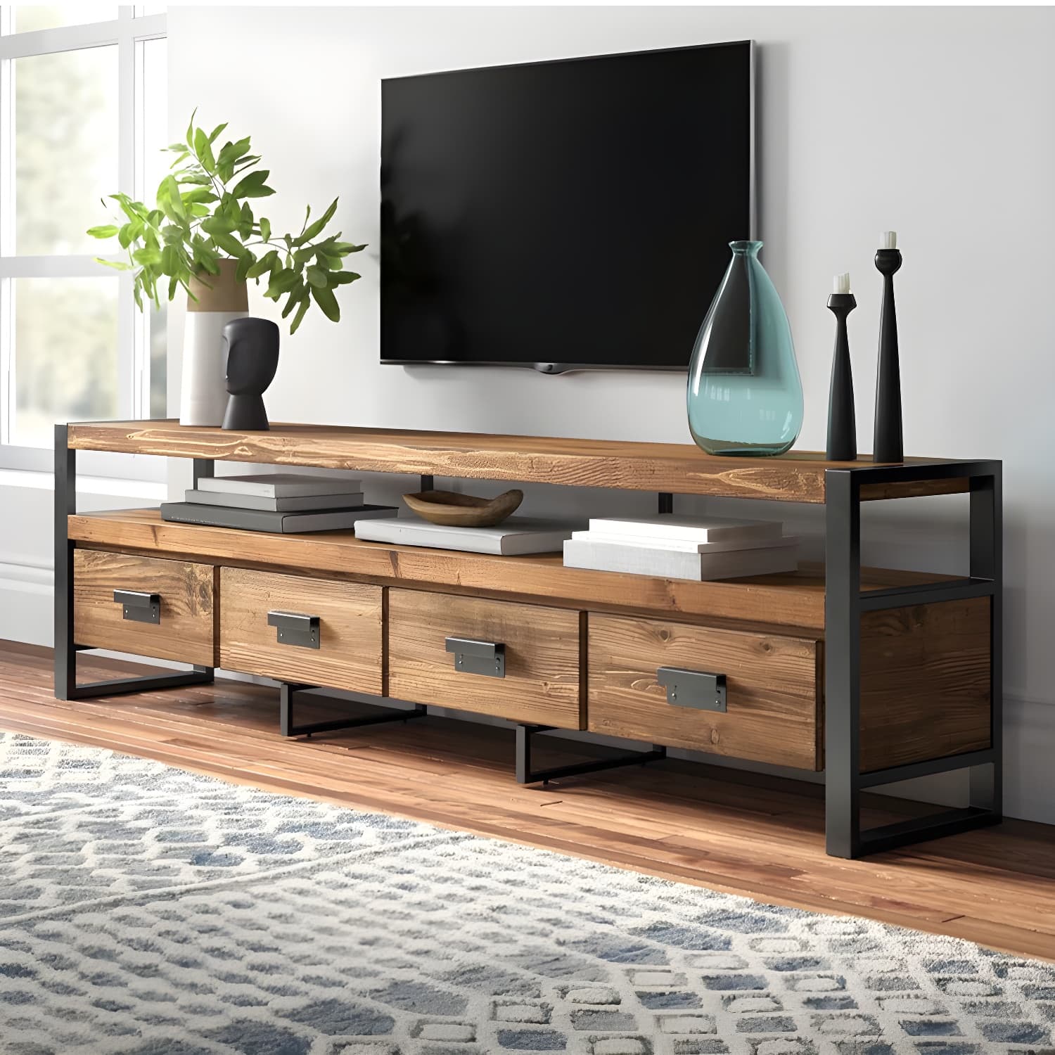 Industrial Wood TV Stand Console Open Storage TV Media Stand with Drawers for Living Room thumbnail 1