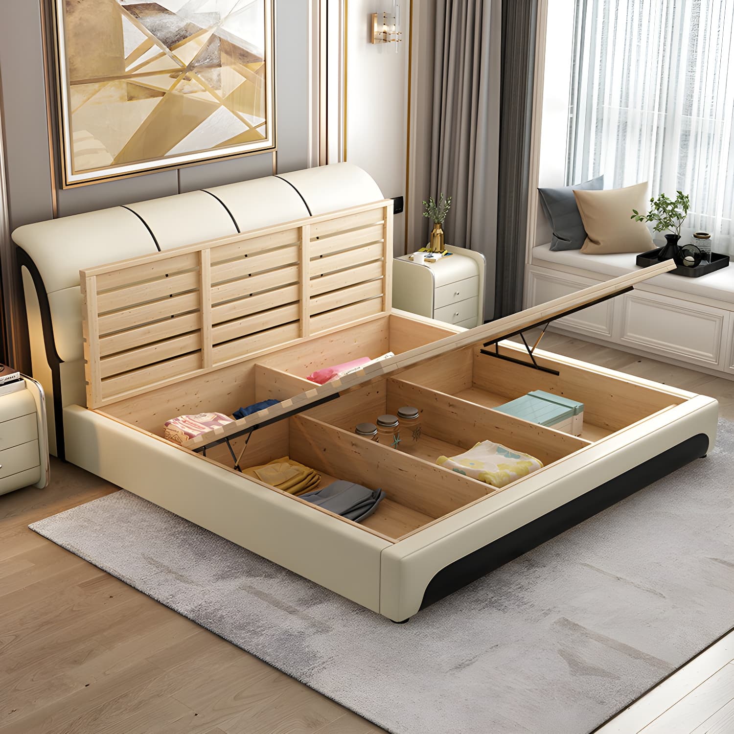 Glam Light Beige Bed Upholstered Wood Bed Frame with Headboard thumbnail 3