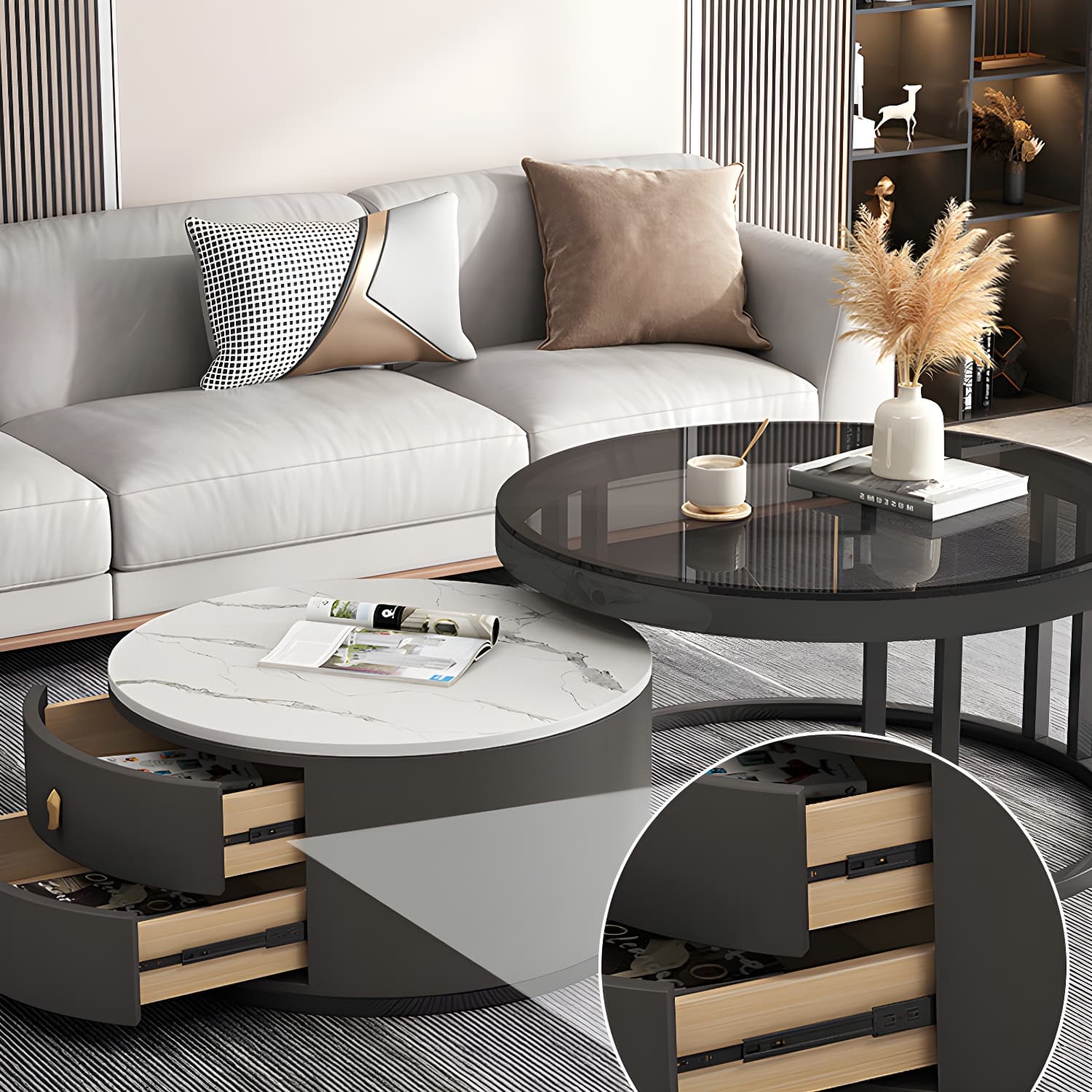 Round Nesting Coffee Table Set Frame Modern Storage Coffee Table thumbnail 21