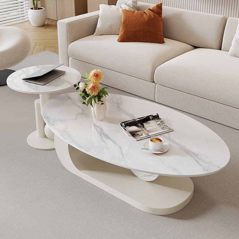 Elegant Stone Oval Coffee Table with Iron Block Base for Living Room thumbnail 7