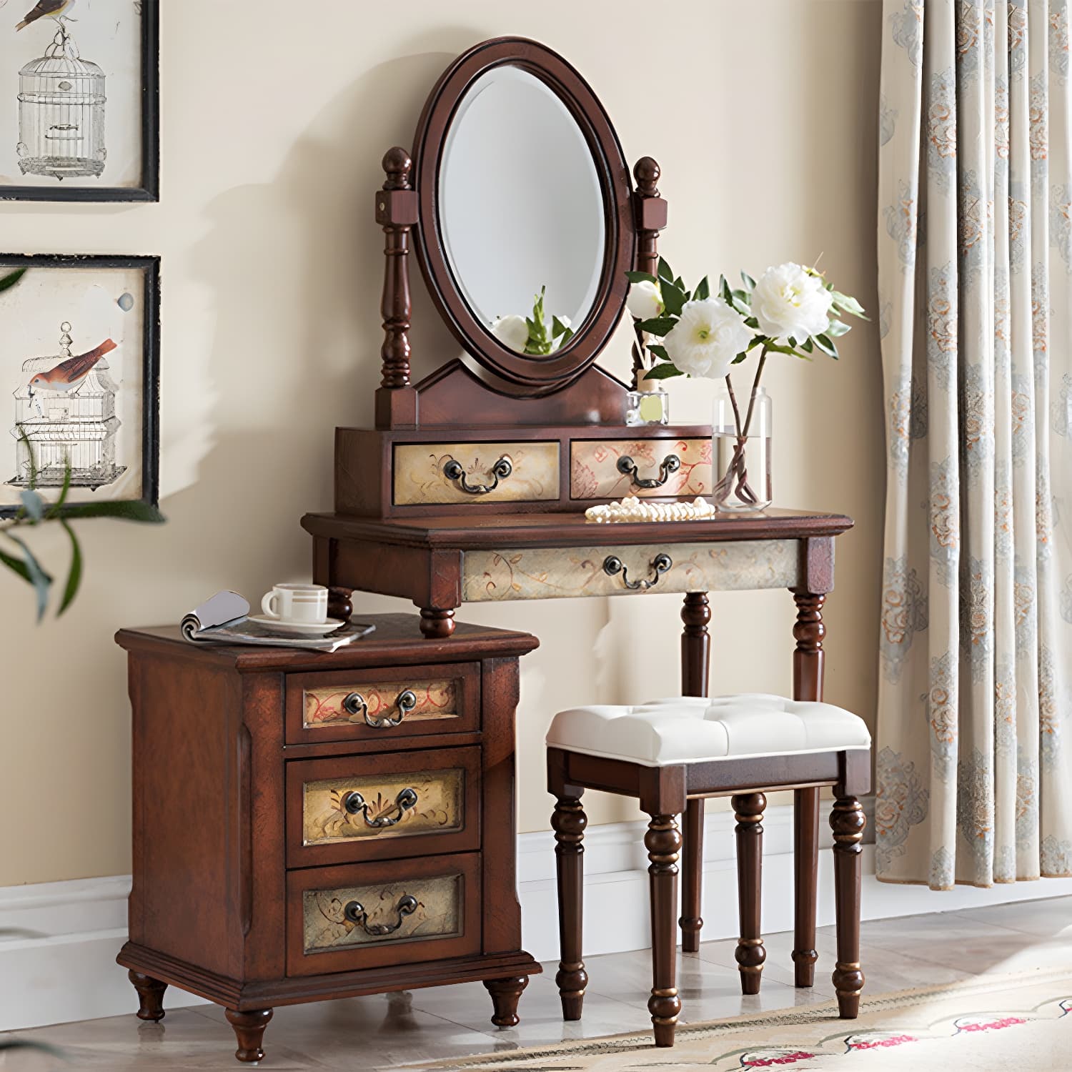 Victorian Vanity Set Solid Wood Drawers Included Makeup Dressing Table With Mirror & Stool thumbnail 18