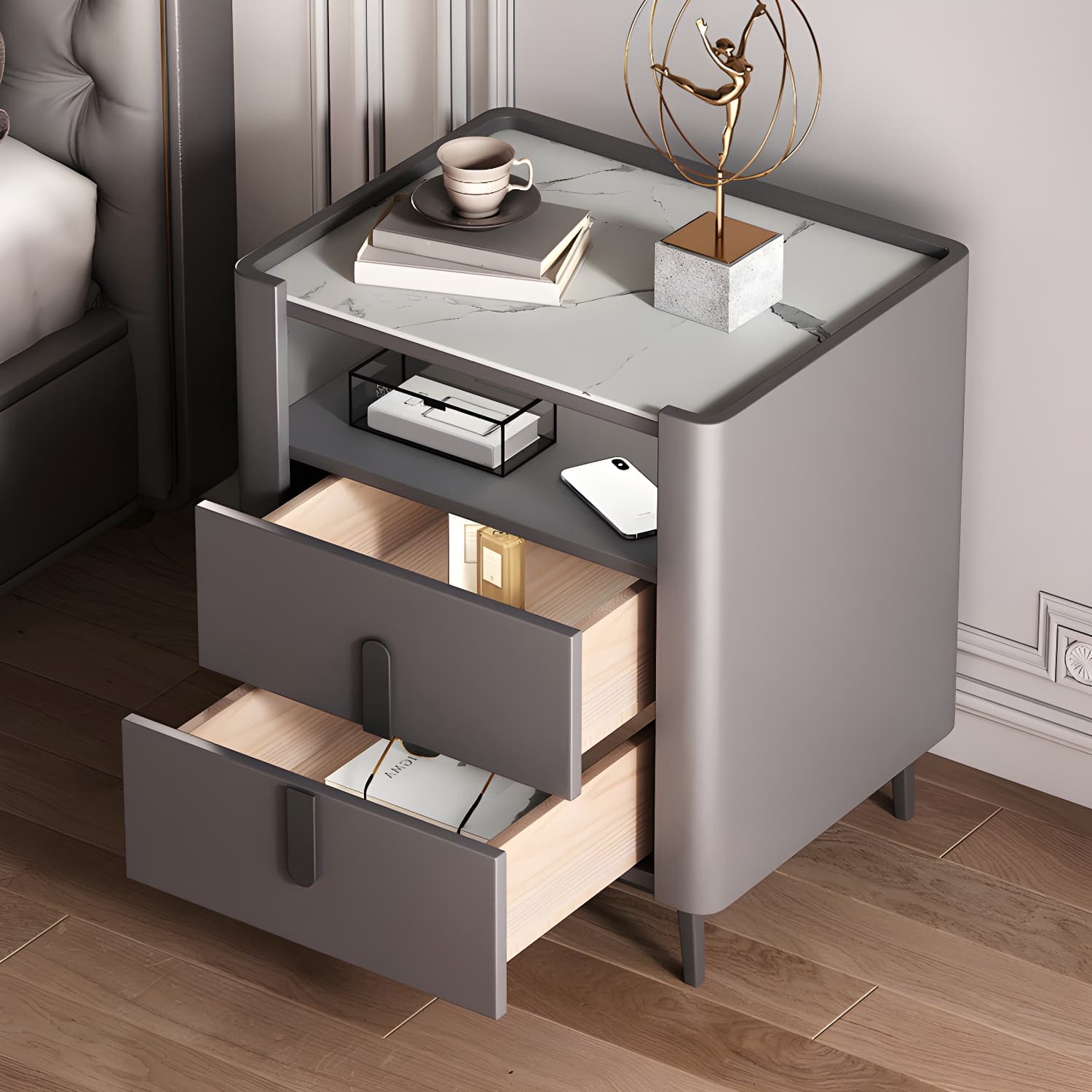 2-drawer Nightstand 21.65" Tall Lighting Station Bedside Cabinet thumbnail 11