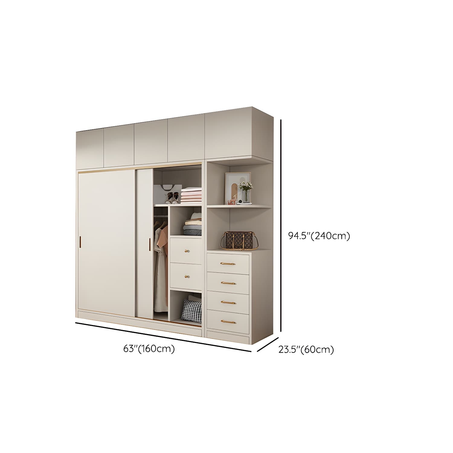 Modern White Wood Wardrobe Armoire with Sliding Doors and Soft Close Drawers thumbnail 25