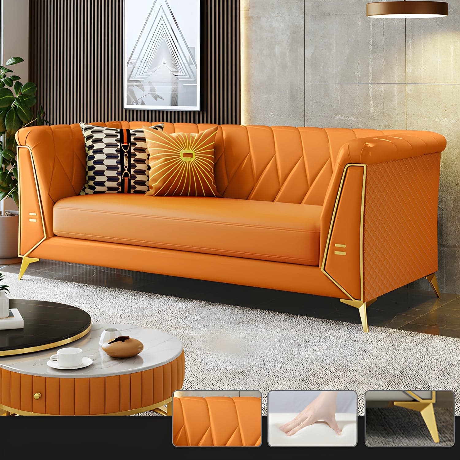 Glam Faux Leather Standard Sofa with Tuxedo Arms in Solid Color thumbnail 8