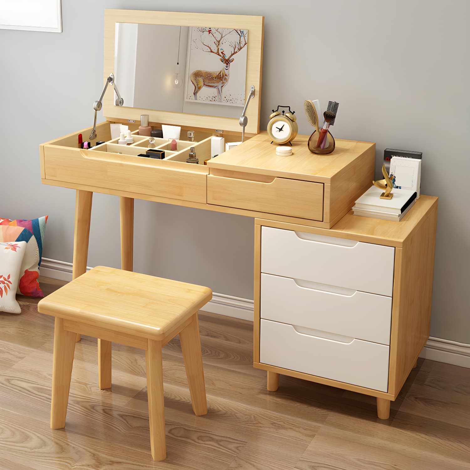 Solid Wood 1/4-Drawer Vanity Makeup Table with Mirror and Stool - 17.72" D thumbnail 8