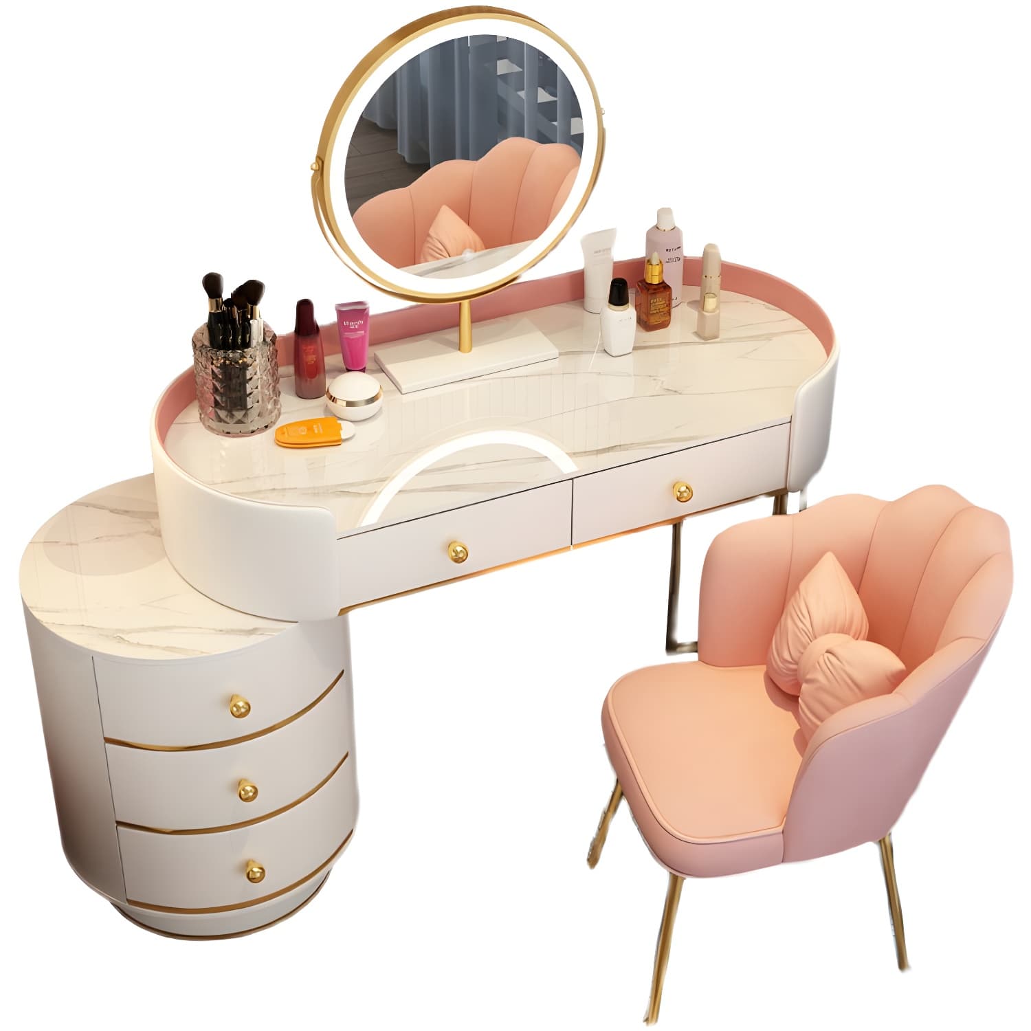 Modern Bedroom Metallic Lighted Mirror With Drawer Makeup Vanity Set thumbnail 8