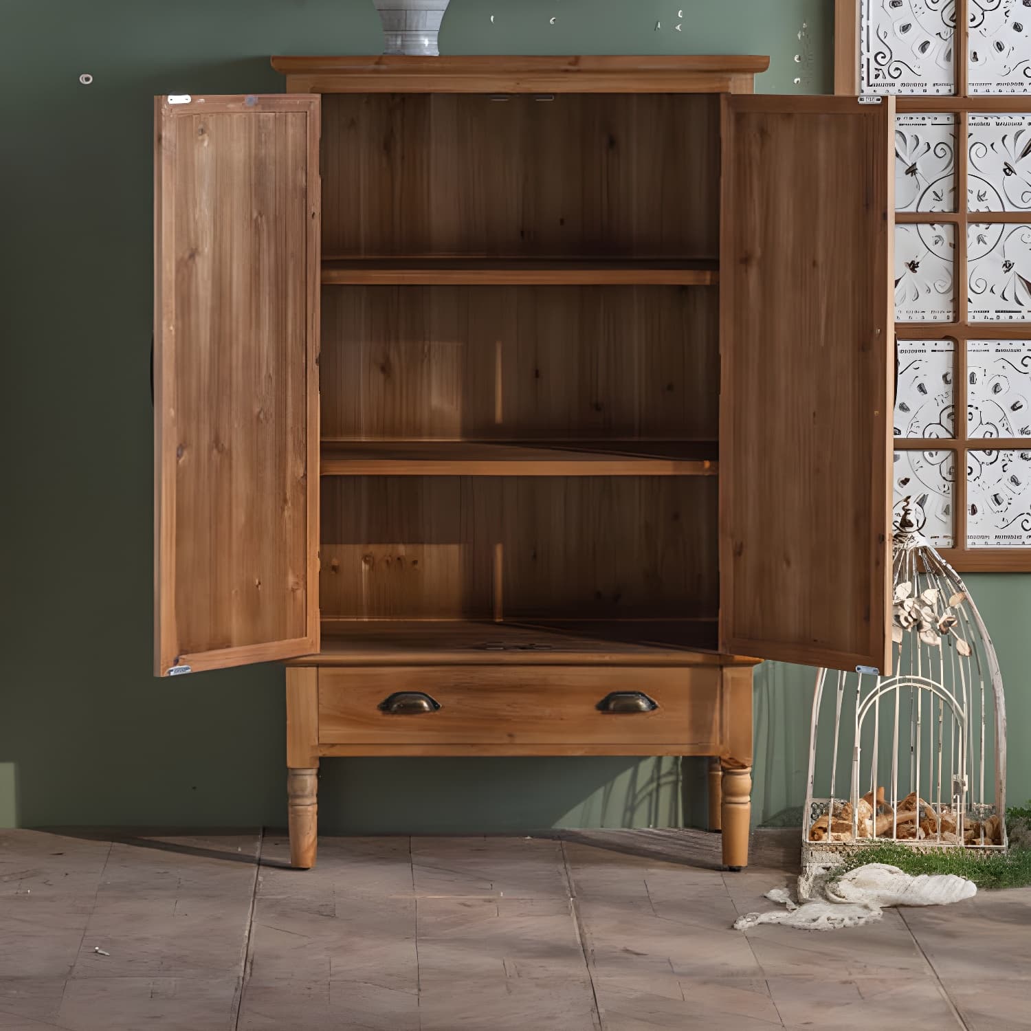 Industrial Accent Cabinet in Natural with Solid Wood Door and Drawers thumbnail 2