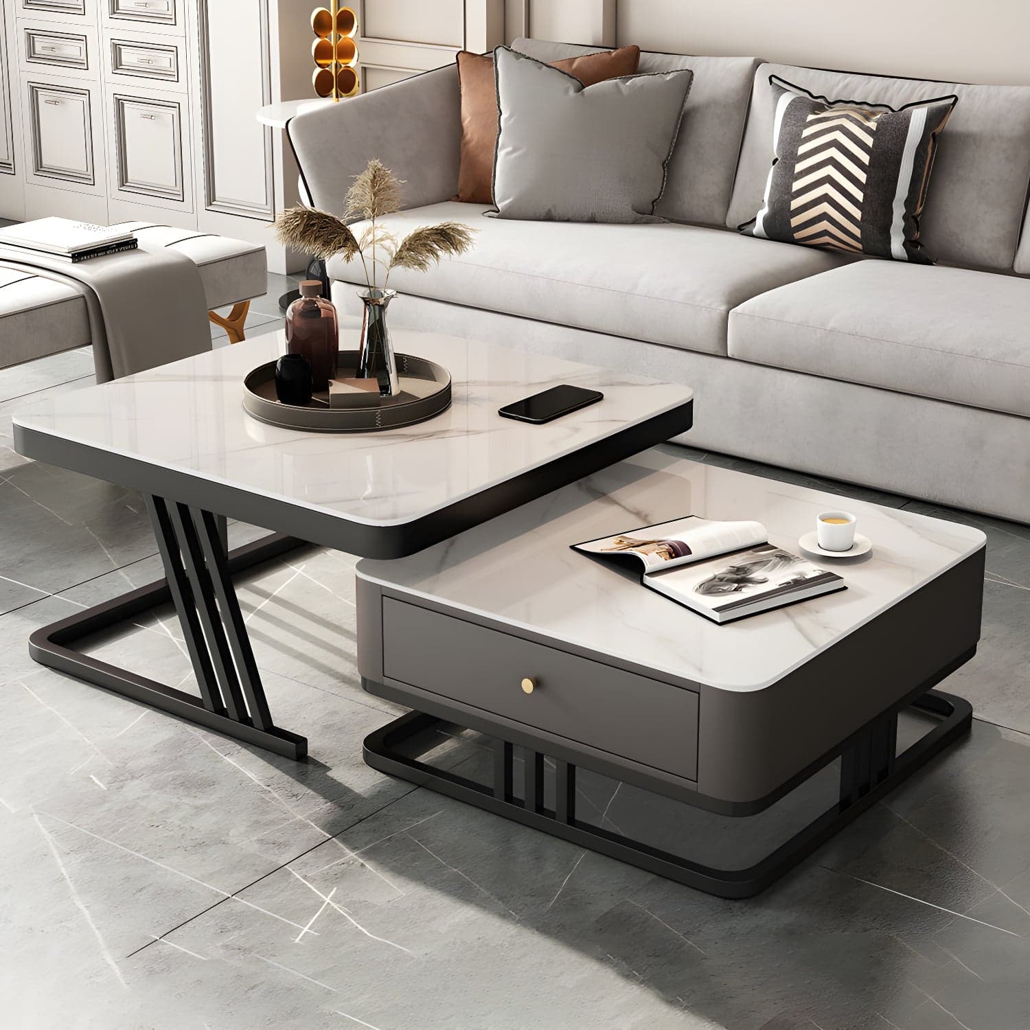 Modern Round Glass / Slate Cocktail Table Steel Frame Coffee Table with Drawer thumbnail 8