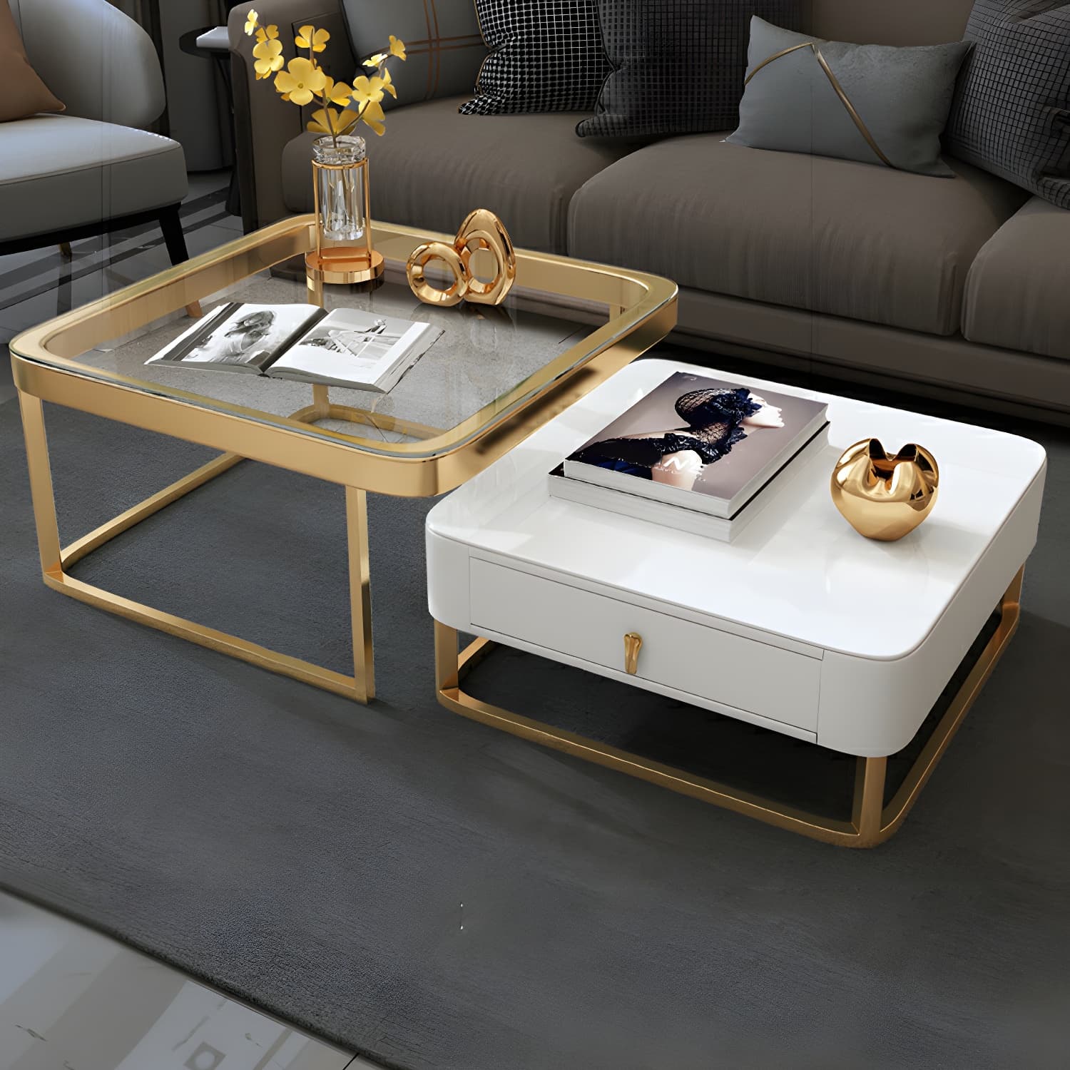 Glam Style Square Coffee Table with Drawer in Metal Frame Base thumbnail 7
