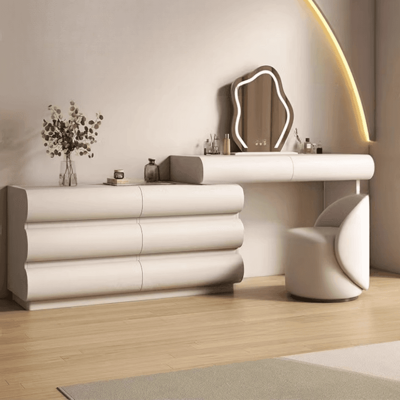 Large Vanity Set with Natural Wood Table Top, White Chair, 8 Drawers, Mirror Lights, and Scalable Design thumbnail 1
