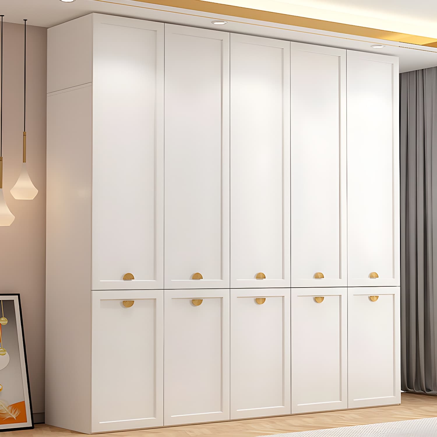 Modern Solid Color Shelves Hinged Doors Cloth Rod Included Cabinet in Beige thumbnail 1