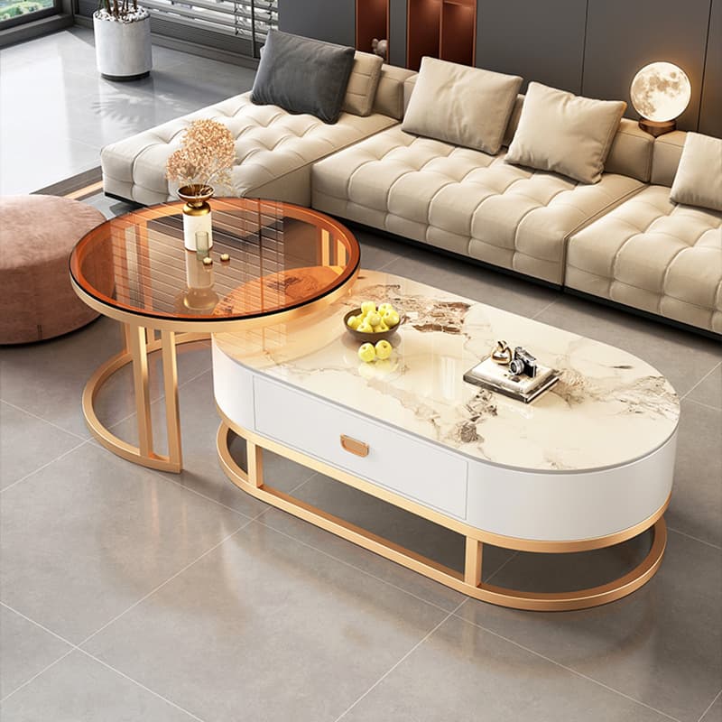 Set of 2 Modern Nesting Stone Coffee Tables with Metal Frame and Drawers thumbnail 6
