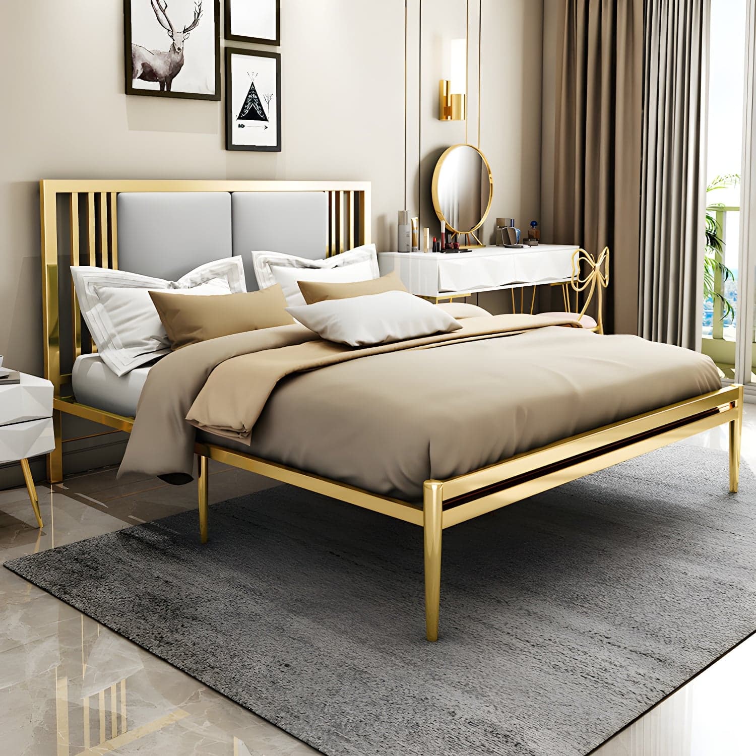 Metal Open-Frame Bed Contemporary Standard Bed with Custom Gold Legs thumbnail 2