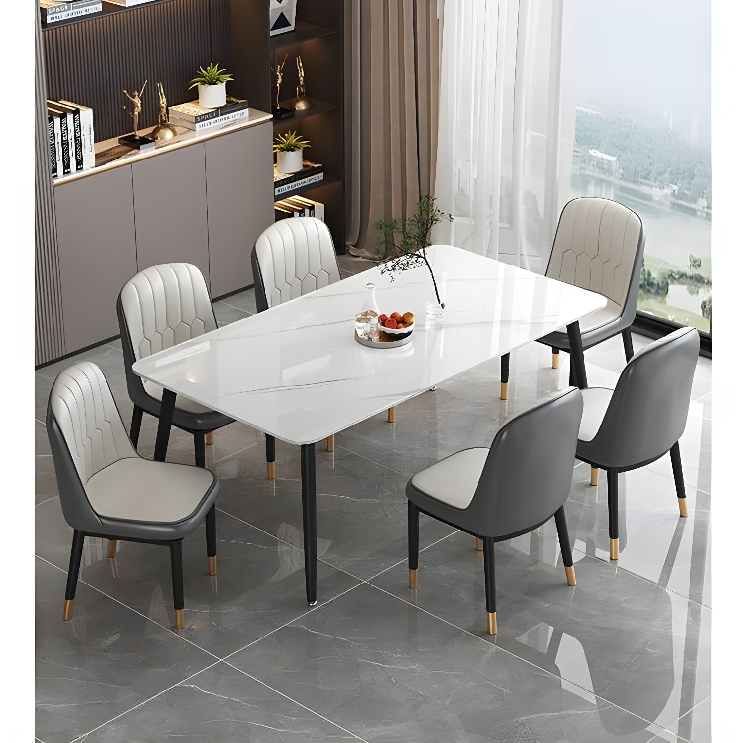Rectangular White Stone Top Dining Set with Upholstered Chairs thumbnail 3