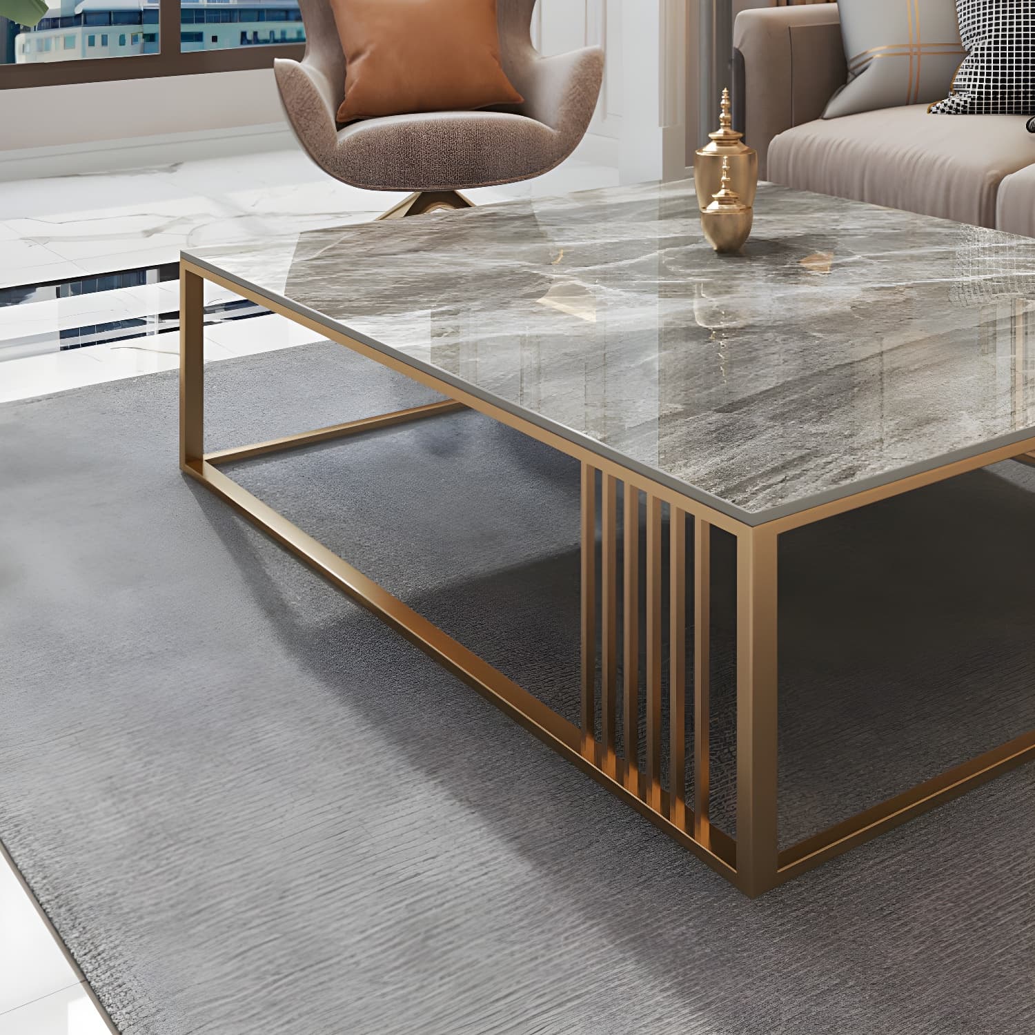 Glam Style Gold Iron Frame Coffee Table Gray Slate Table Top Coffee thumbnail 6