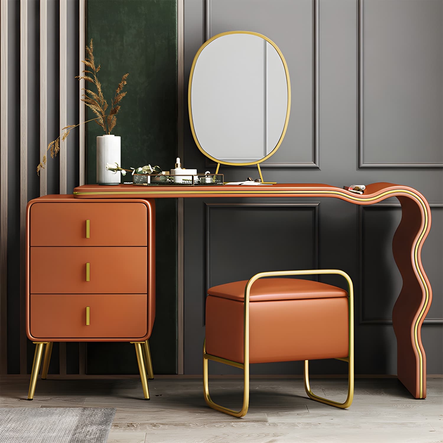 3 Drawers Make-up Vanity Set, 28.74" H Leather Vanity with Stool & Mirror thumbnail 23
