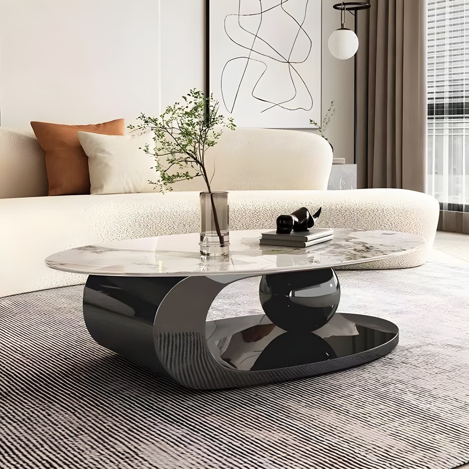 Glam Stone Coffee Table - Beige Oval Shape with Abstract Stainless Steel Base and Scratch Resistant thumbnail 5