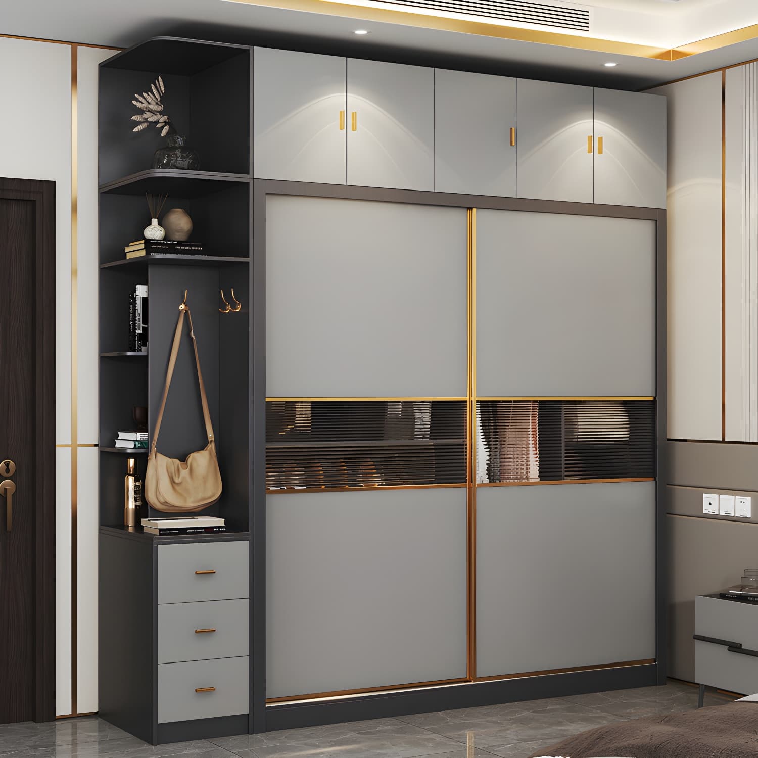 Modern Wood Freestanding Wardrobe Soft Close Drawer and Doors Wardrobe thumbnail 1