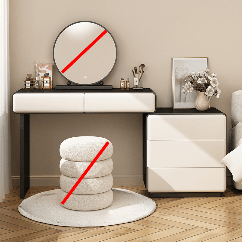 Simplistic Large Vanity Set with Lumber Table Top, Cream Seat, 5 Drawers, and Mirror Lights thumbnail 1