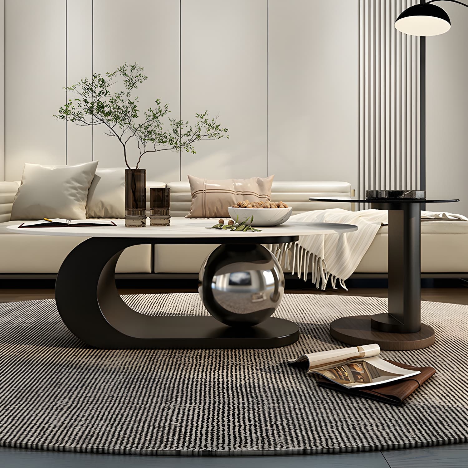 14"H Glam Coffee Table Slate Oval Pedestal Coffee Cocktail Table thumbnail 4