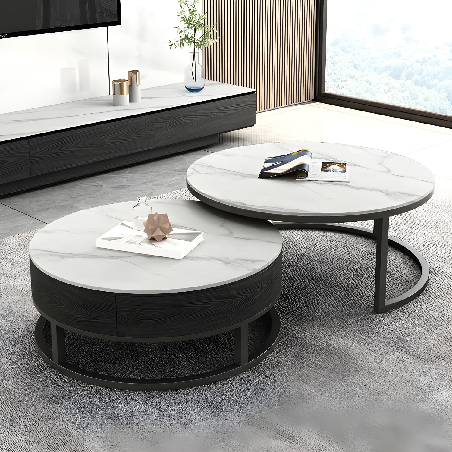 Set of 2 Round Stone Top Modern Nesting Tables with Black Metal Frames and Drawers Included thumbnail 4