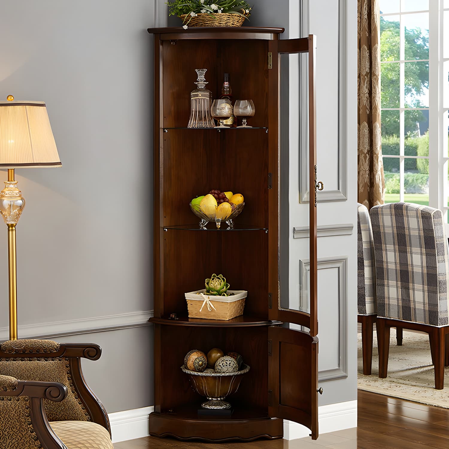 Industrial Triangle Accent Cabinet Solid Wood Storage Cabinet with Glass Doors thumbnail 4