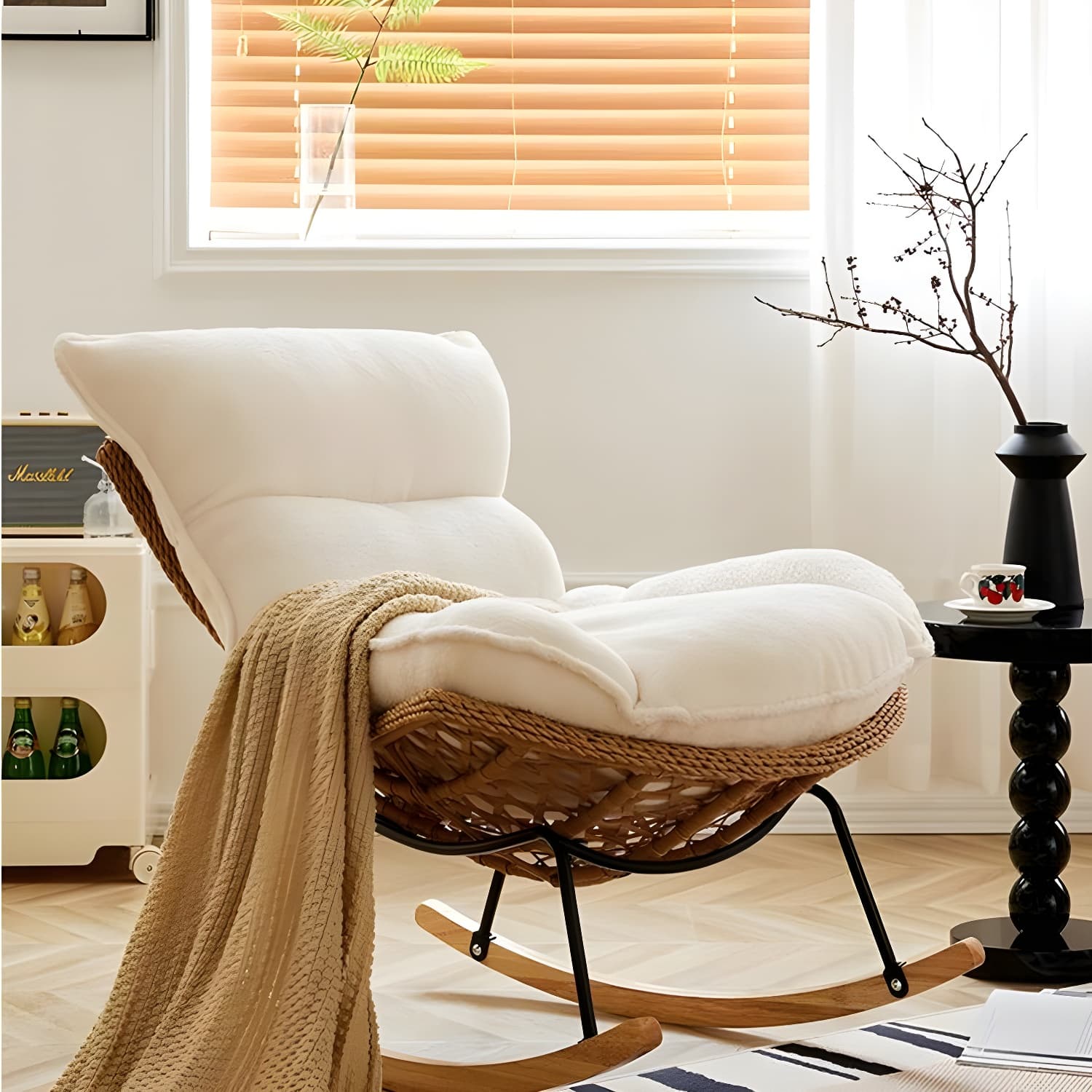 Traditional Armless Design Indoor Rocking Chair with rattan Frame and Nature Wood Legs thumbnail 8