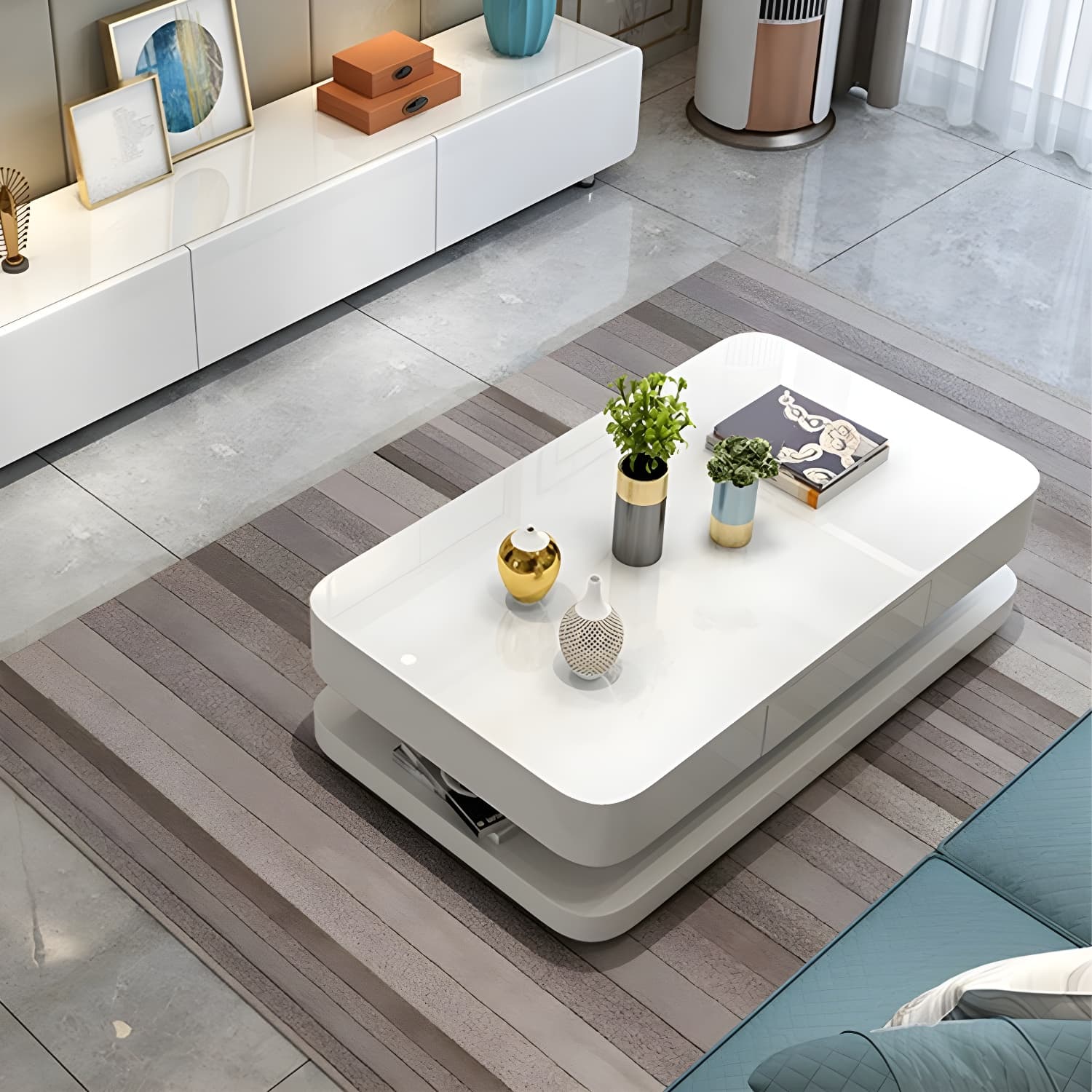 White Modern Coffee Table with Rectangular Wood Top & Block Base thumbnail 1