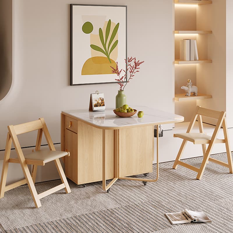 Scandinavian Folding Dining Set in Light Wood with Upholstered Chairs and Extendable Table thumbnail 2