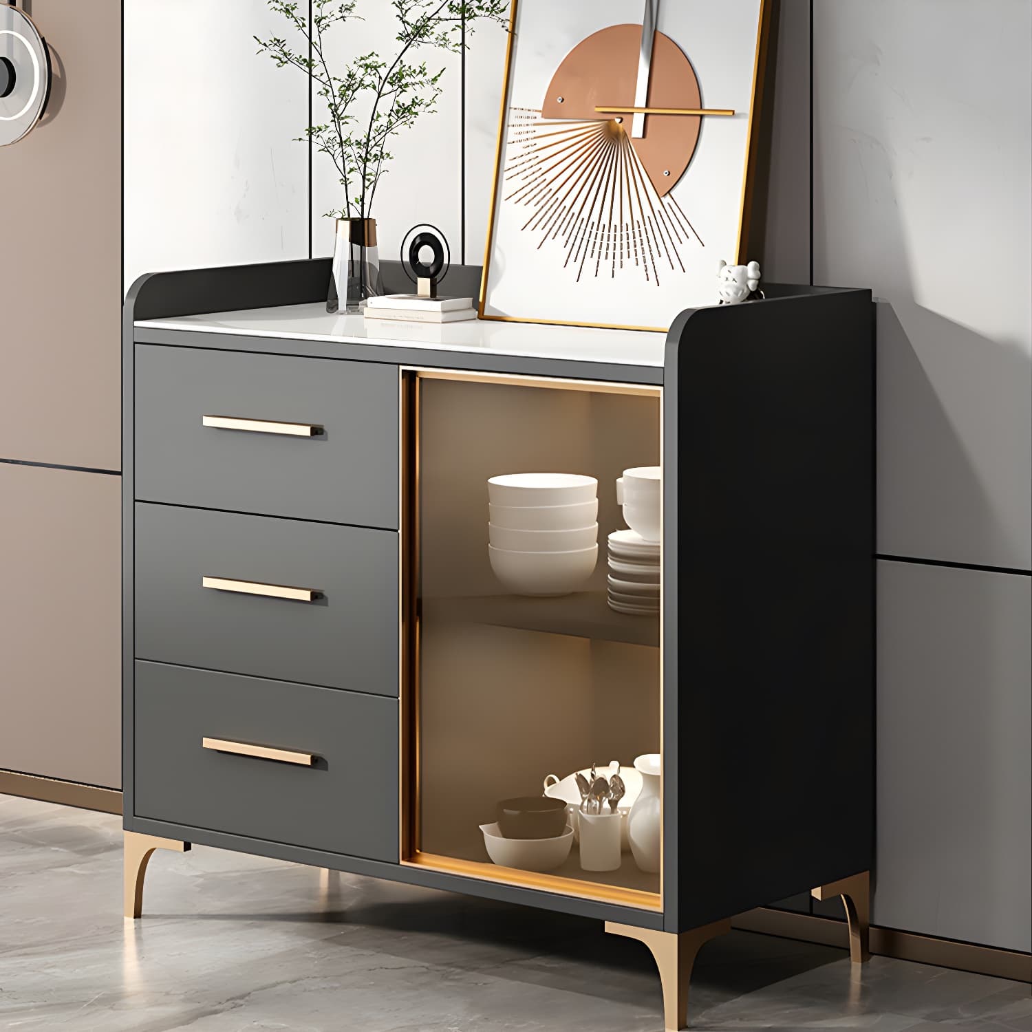 Glamorous Wood Buffet Sideboard with Glass Doors and Open Storage