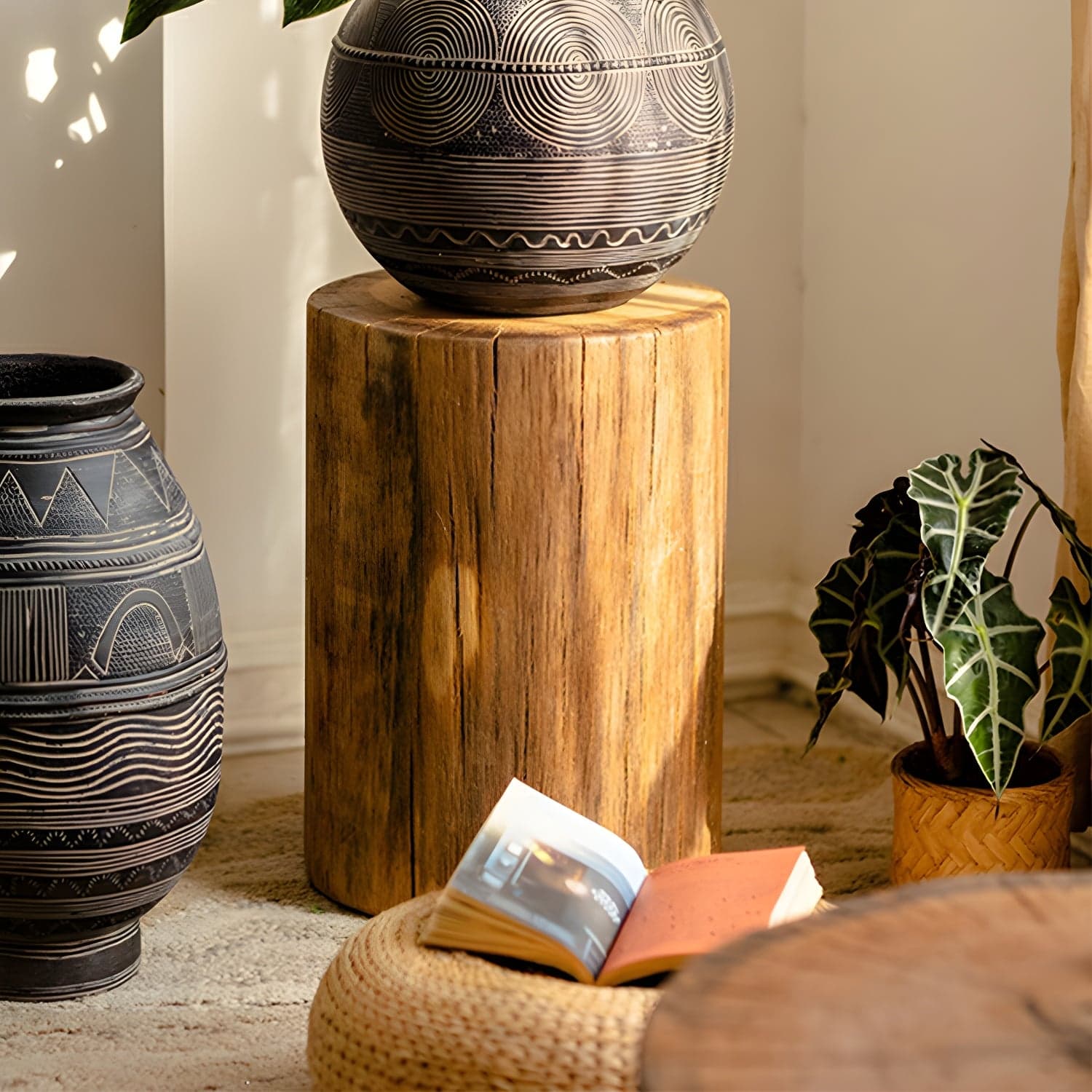 Round Wood Mid-Century Modern Coffee Table with Drum Base and Distressed Finish thumbnail 2