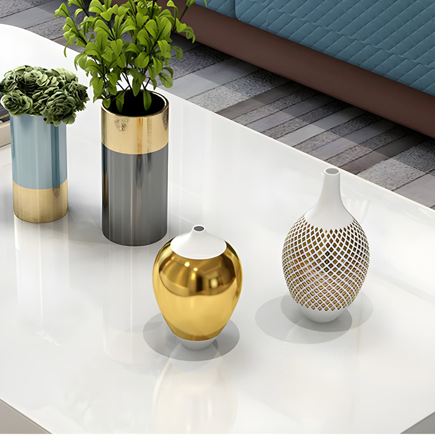White Modern Coffee Table with Rectangular Wood Top & Block Base thumbnail 7
