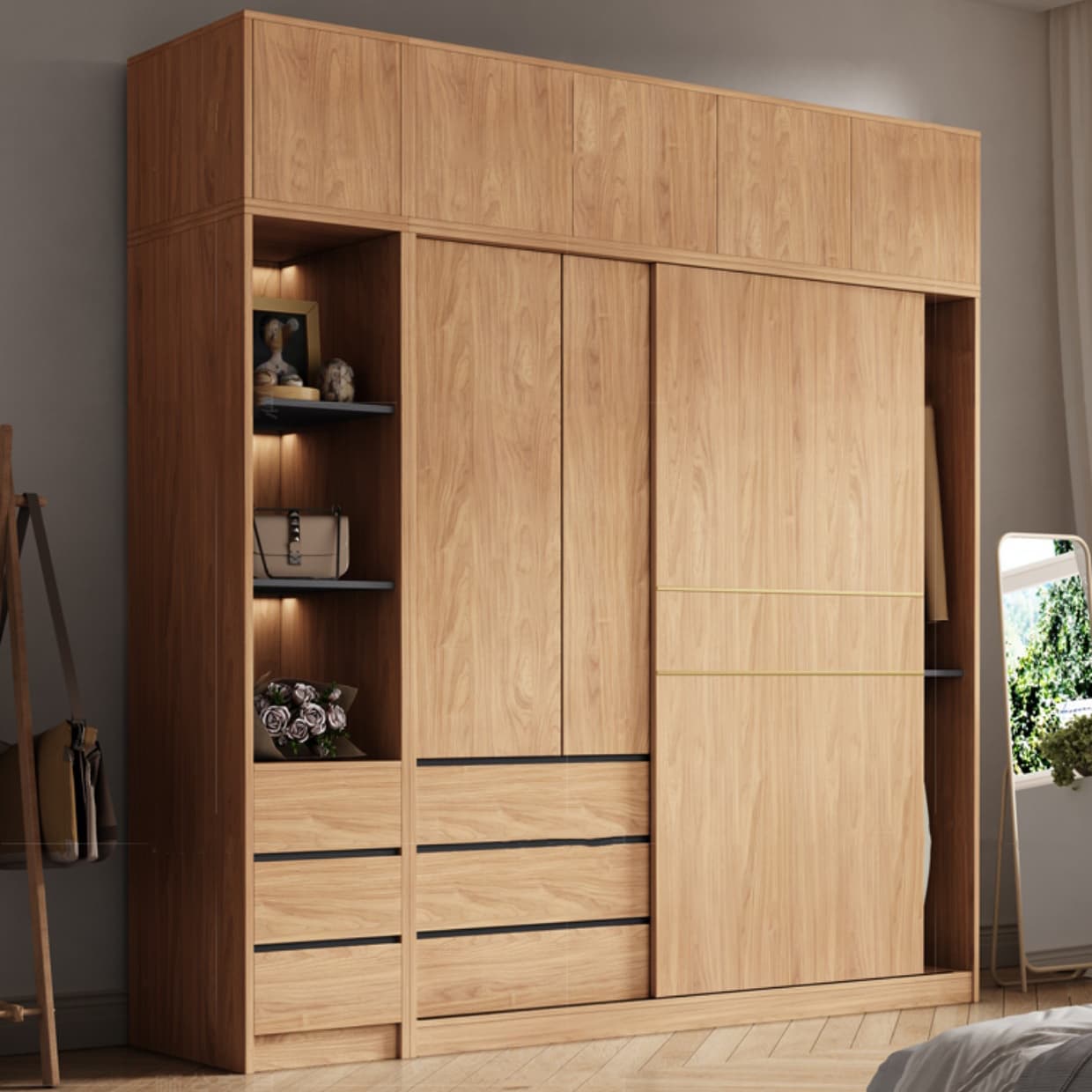 Contemporary Wood Wardrobe Armoire Freestanding Adjustable Shelves Wardrobe with Drawers thumbnail 4